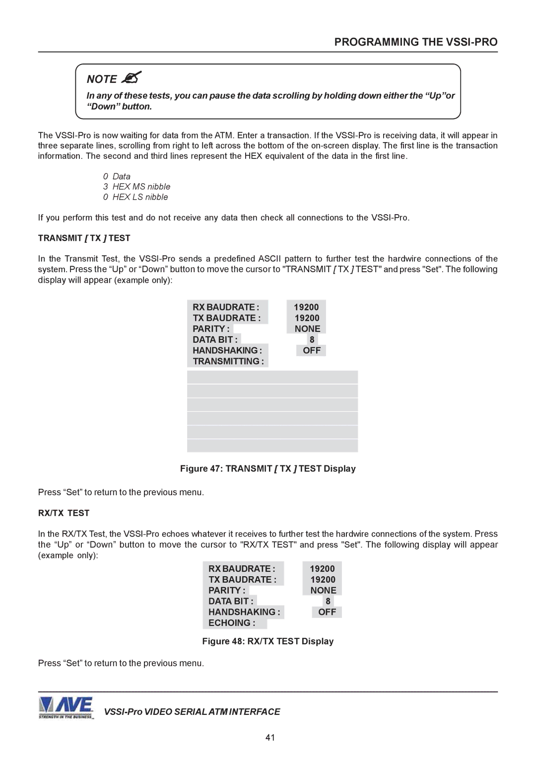 AVE VSSI-PRO operation manual Data HEX MS nibble HEX LS nibble, RX Baudrate TX Baudrate Parity Data BIT Handshaking Echoing 