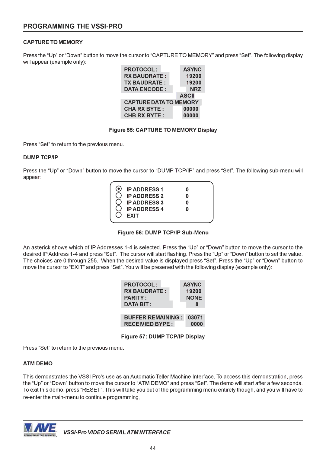 AVE VSSI-PRO Protocol Async, Data Encode NRZ Ascii Capture Data to, CHA RX Byte, CHB RX Byte, Dump TCP/IP, IP Address Exit 