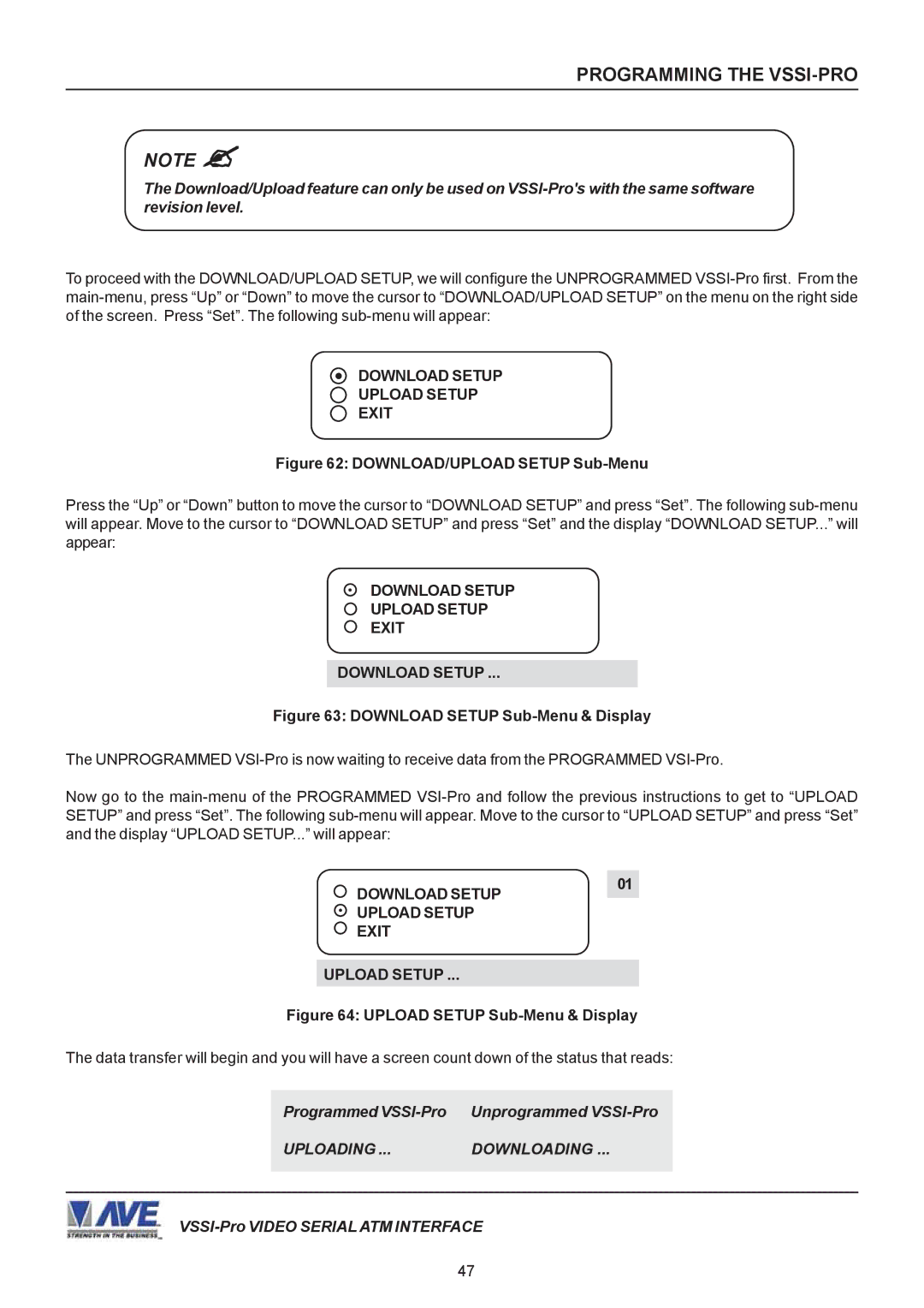 AVE VSSI-PRO operation manual Download Setup Upload Setup Exit, DOWNLOAD/UPLOAD Setup Sub-Menu 