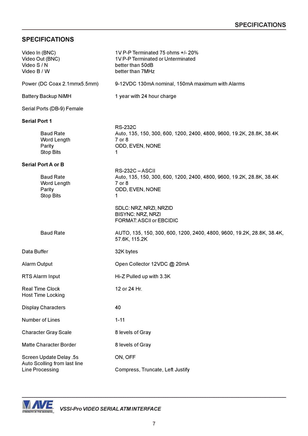 AVE VSSI-PRO operation manual Specifications 