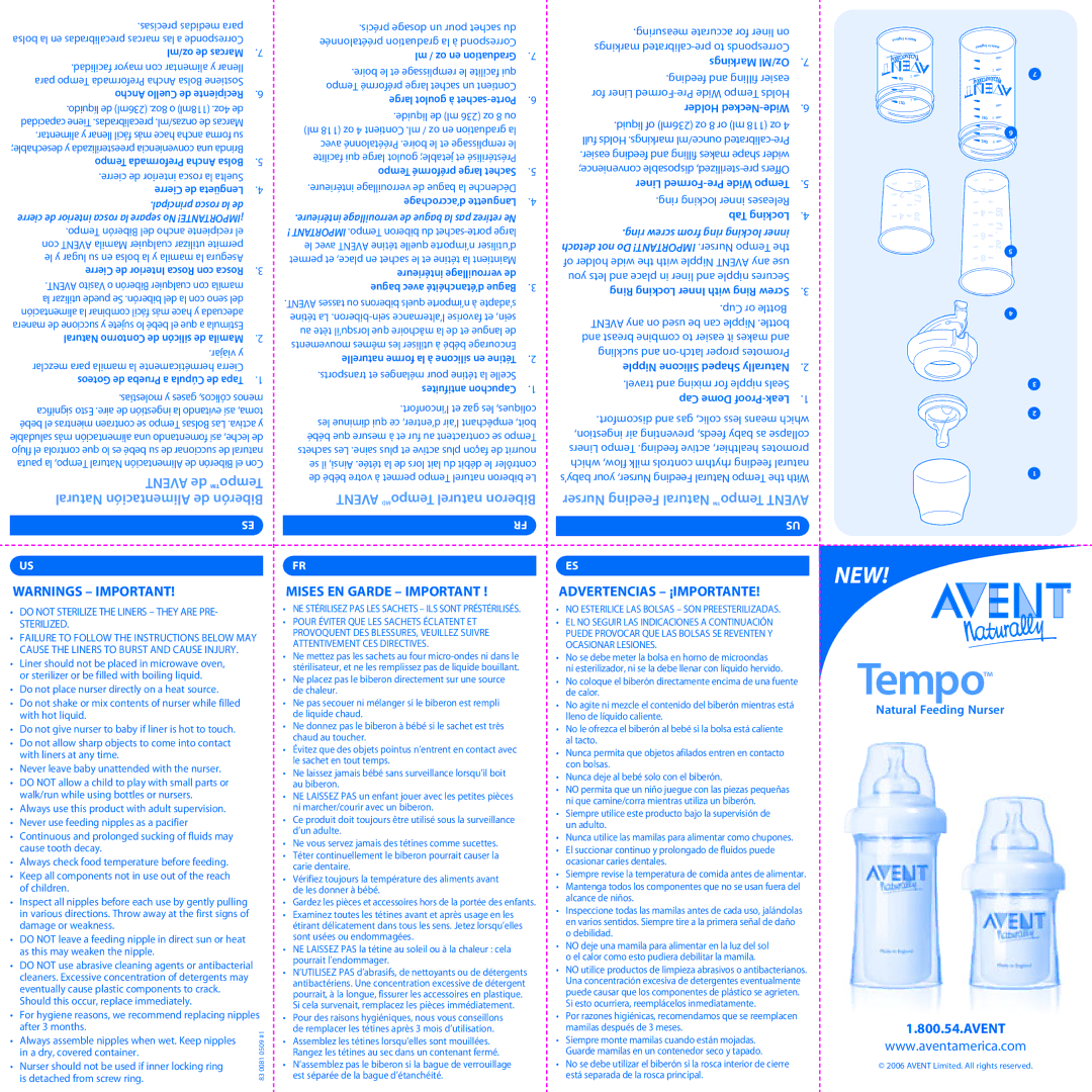 Avent 1.800.54 manual Precisas medidas para, Viajar y, Important .Tempo biberon du sachet-porte large, Cup or Bottle 