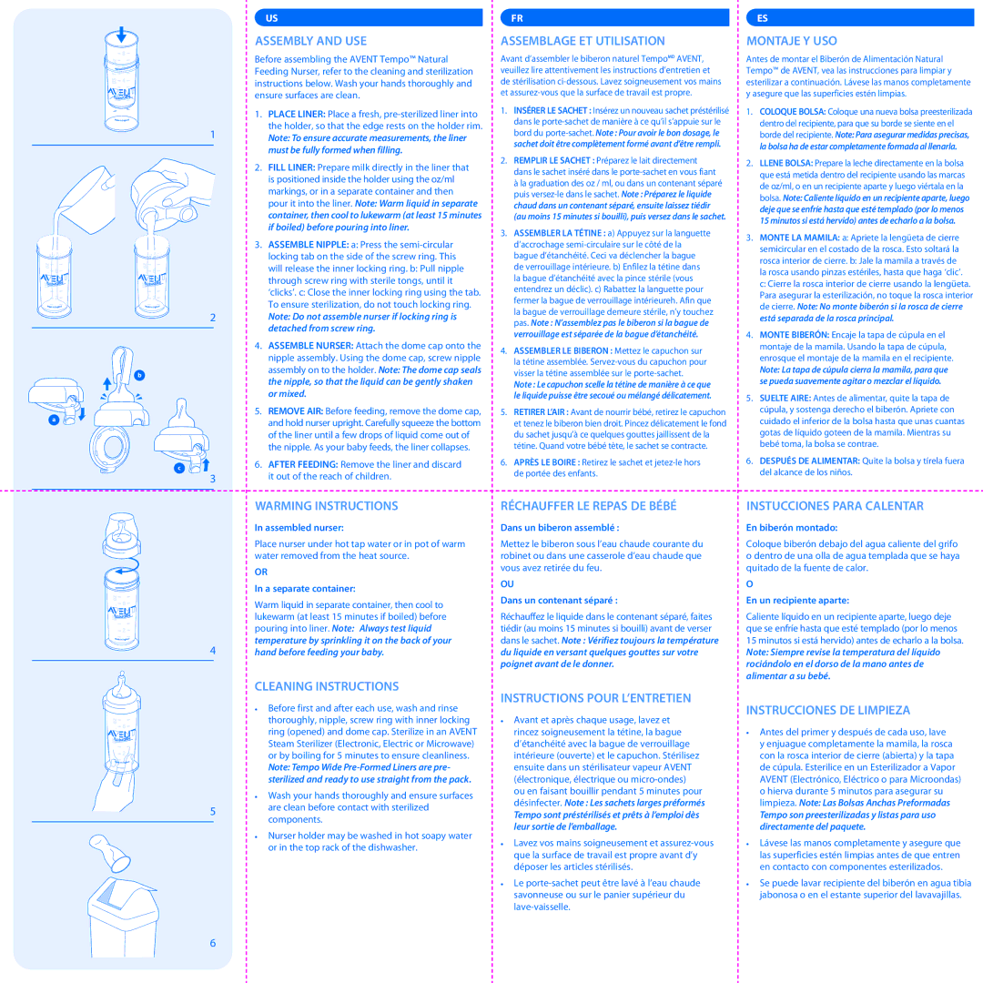 Avent 1.800.54 Assembly and USE, Warming Instructions, Cleaning Instructions, Assemblage ET Utilisation, Montaje Y USO 