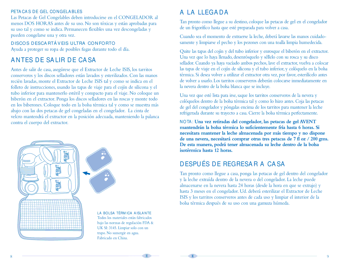 Avent Breast Pump manual Antes DE Salir DE Casa, LA Llegada, Después DE Regresar a Casa, Petacas DE GEL Congelables 