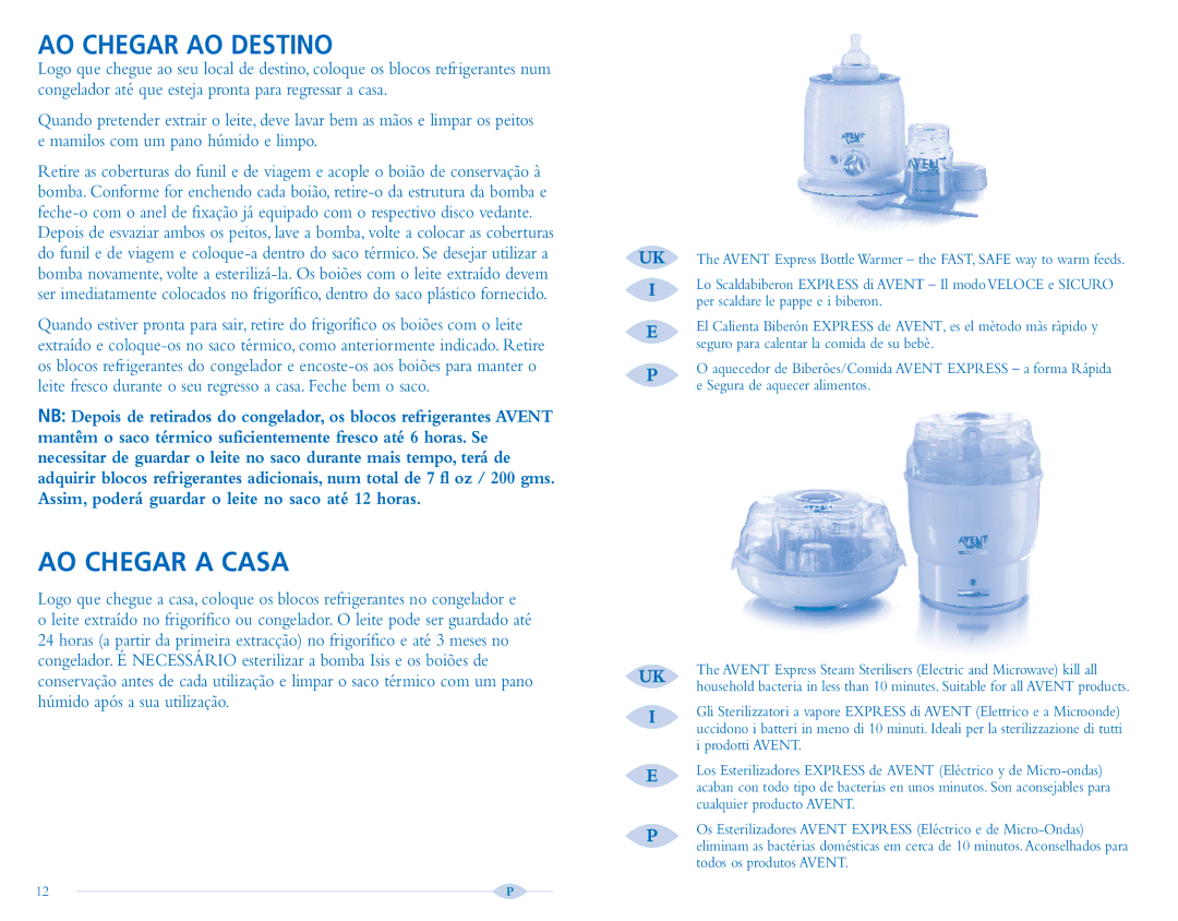 Avent Breast Pump manual AO Chegar AO Destino, AO Chegar a Casa 