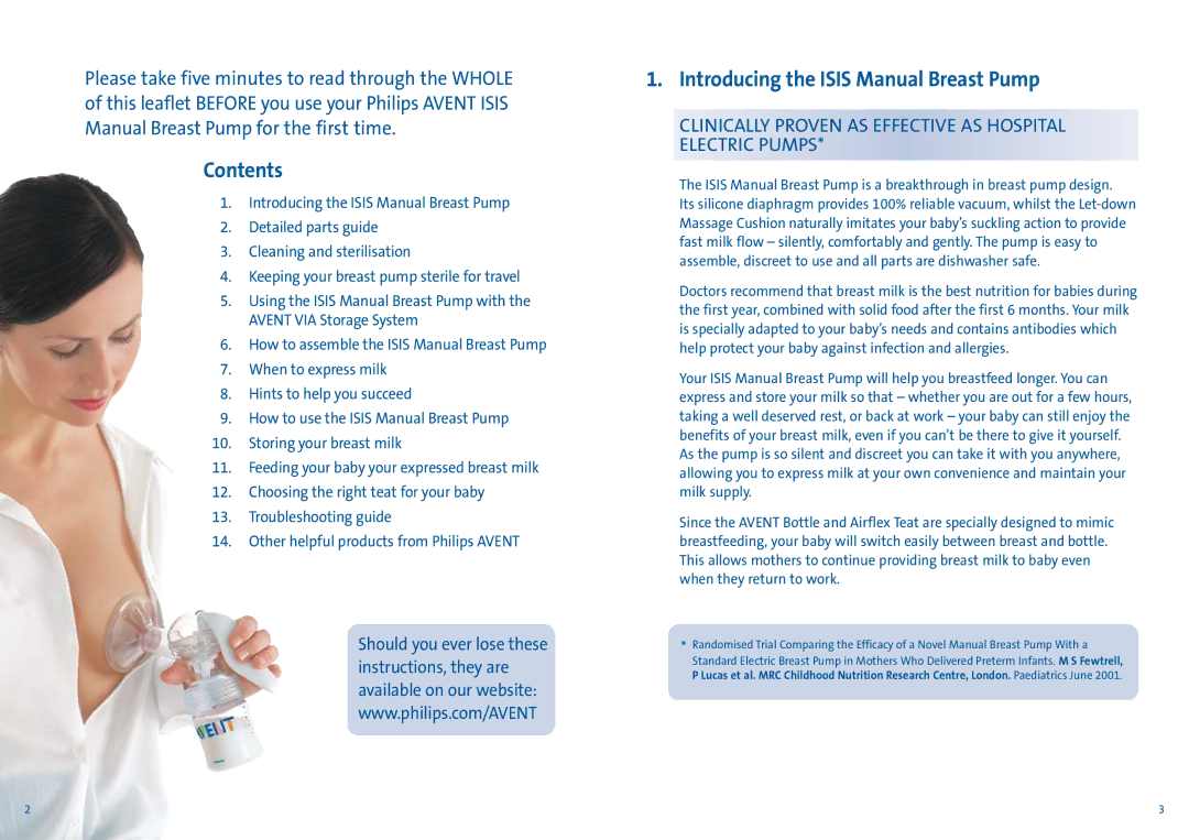 Avent ISIS manual Contents, Introducing the Isis Manual Breast Pump 