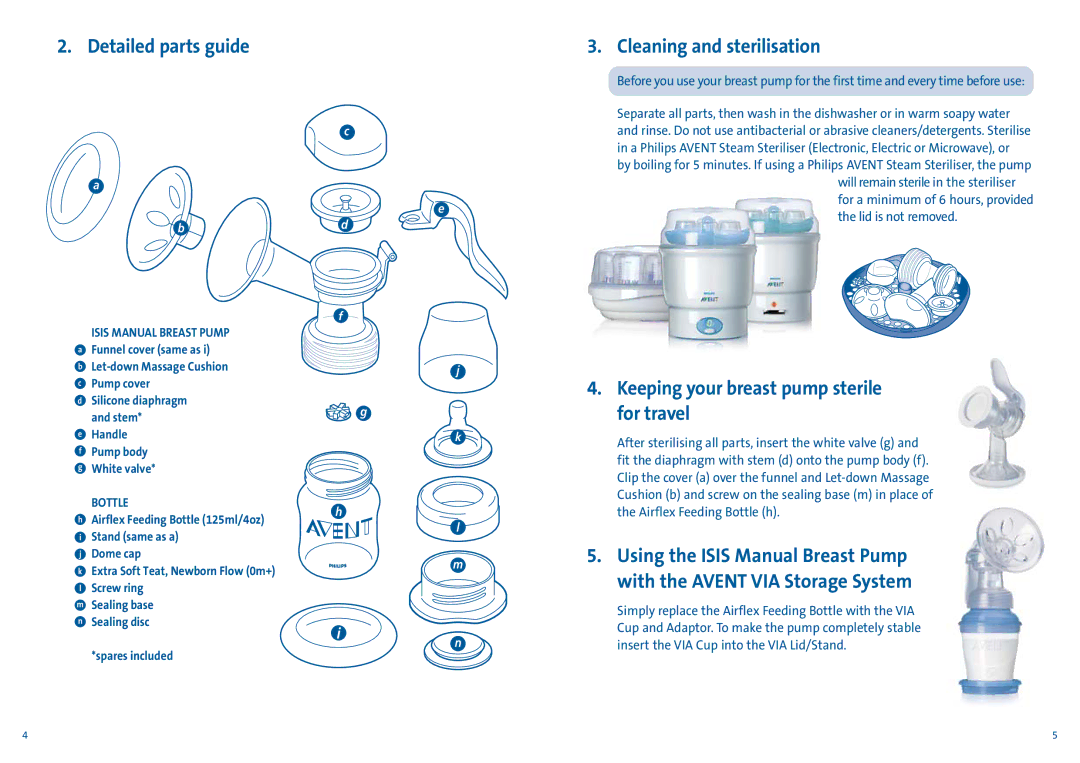 Avent ISIS manual Detailed parts guide, Cleaning and sterilisation, Keeping your breast pump sterile for travel, Bottle 