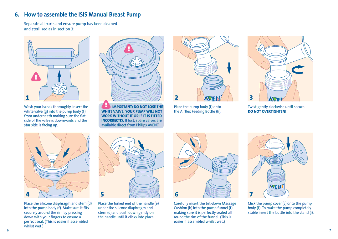 Avent ISIS manual How to assemble the Isis Manual Breast Pump, Do not Overtighten 