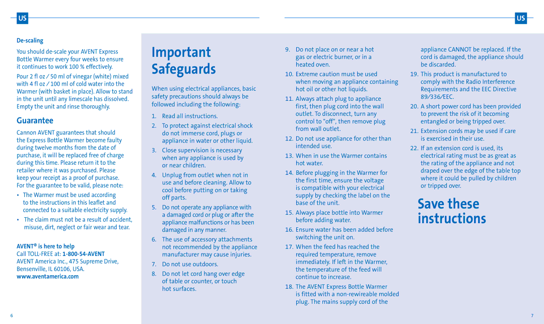 Avent SCF255/11 manual Safeguards, Guarantee, De-scaling, Avent is here to help 