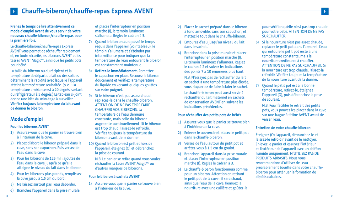 Avent SCF255/11 manual Chauffe-biberon/chauffe-repas Express Avent, Mode d’emploi 