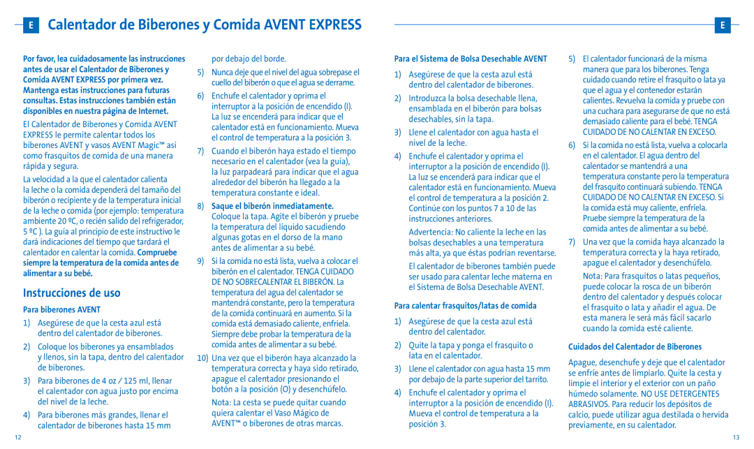 Avent SCF255/11 manual Calentador de Biberones y Comida Avent Express, Instrucciones de uso, Para biberones Avent 