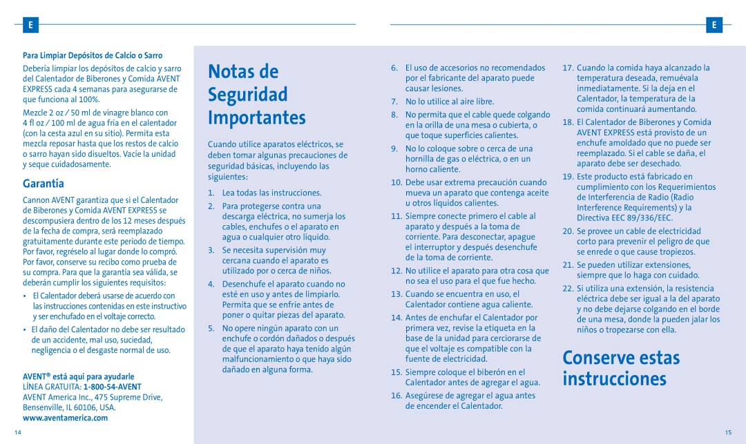 Avent SCF255/11 manual Notas de Seguridad Importantes, Garantía, Para Limpiar Depósitos de Calcio o Sarro 