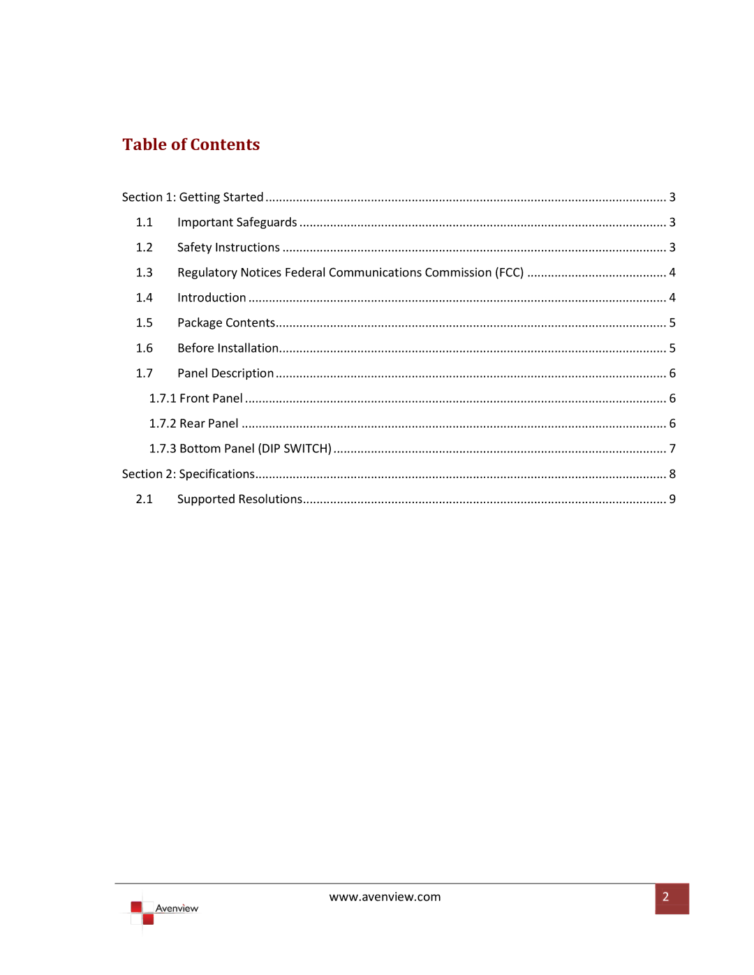 Avenview 3G/HD/SD-SDI to HDMI specifications Table of Contents 