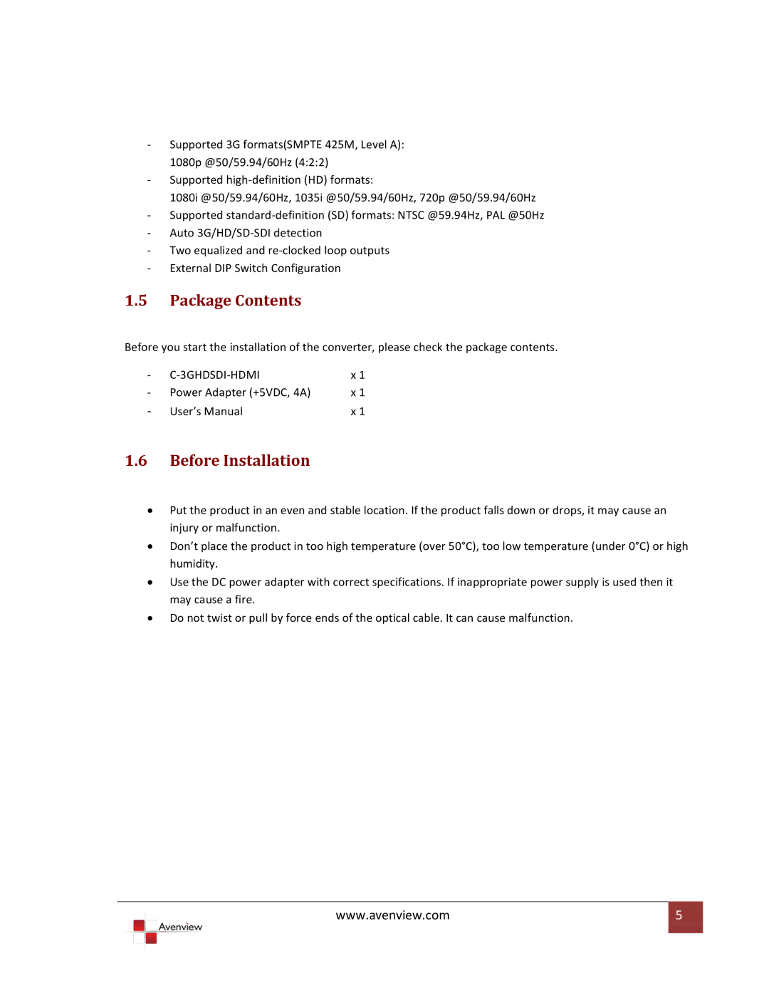 Avenview 3G/HD/SD-SDI to HDMI specifications Package Contents, Before Installation 