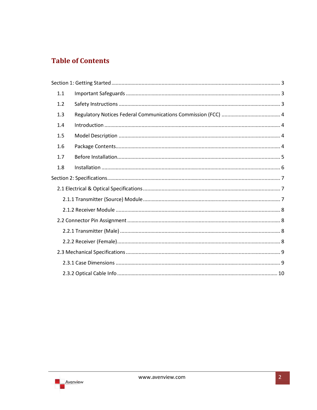 Avenview 677-011 specifications Table of Contents 