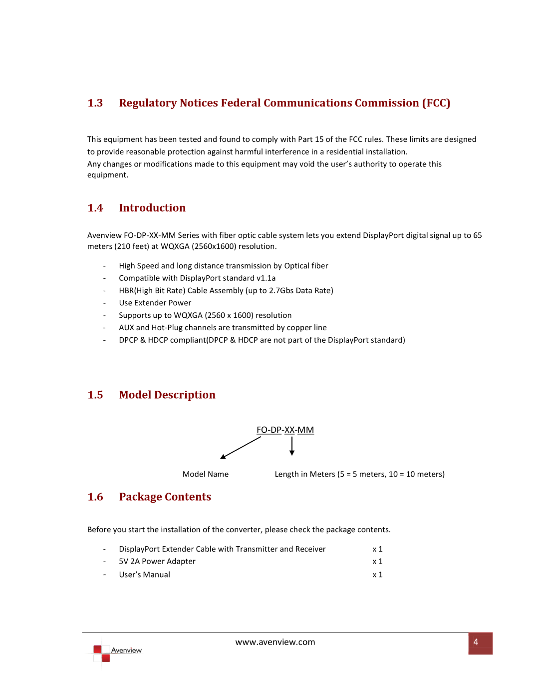 Avenview 677-011 specifications Regulatory Notices Federal Communications Commission FCC, Introduction, Model Description 