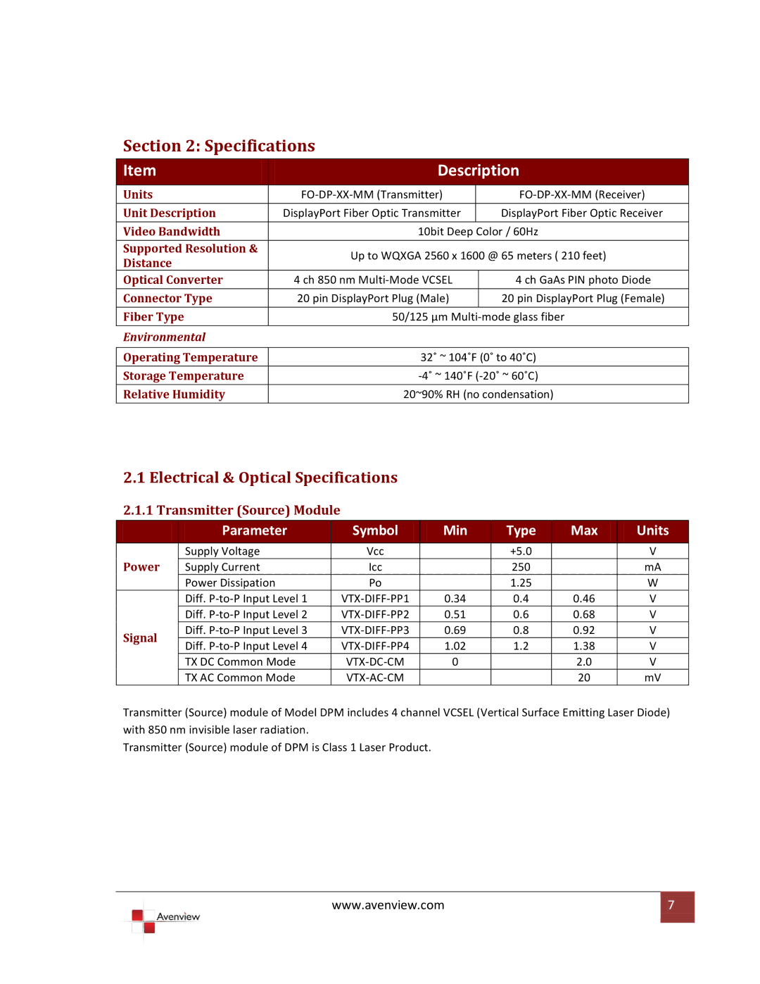 Avenview 677-011 specifications Electrical & Optical Specifications 