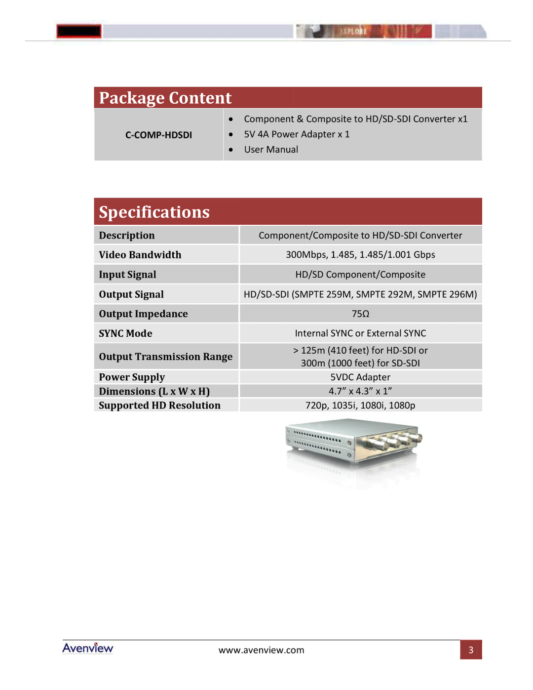 Avenview C-COMP-HDSDI manual Package Content 