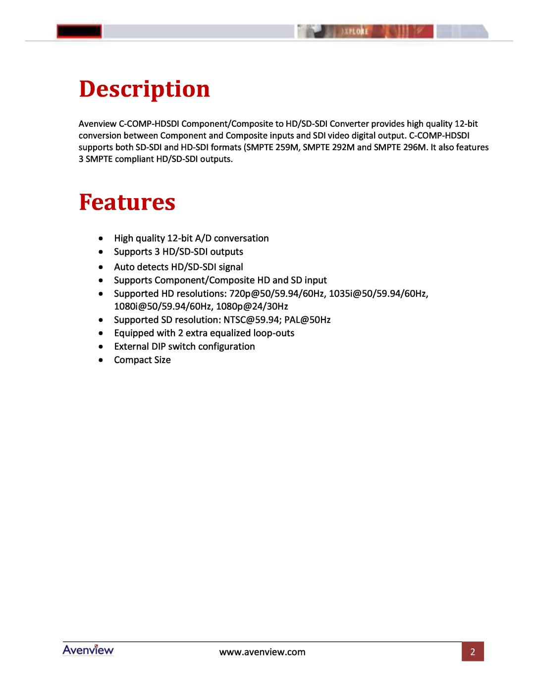 Avenview C-COMP-HDSDI manual Description, Features 