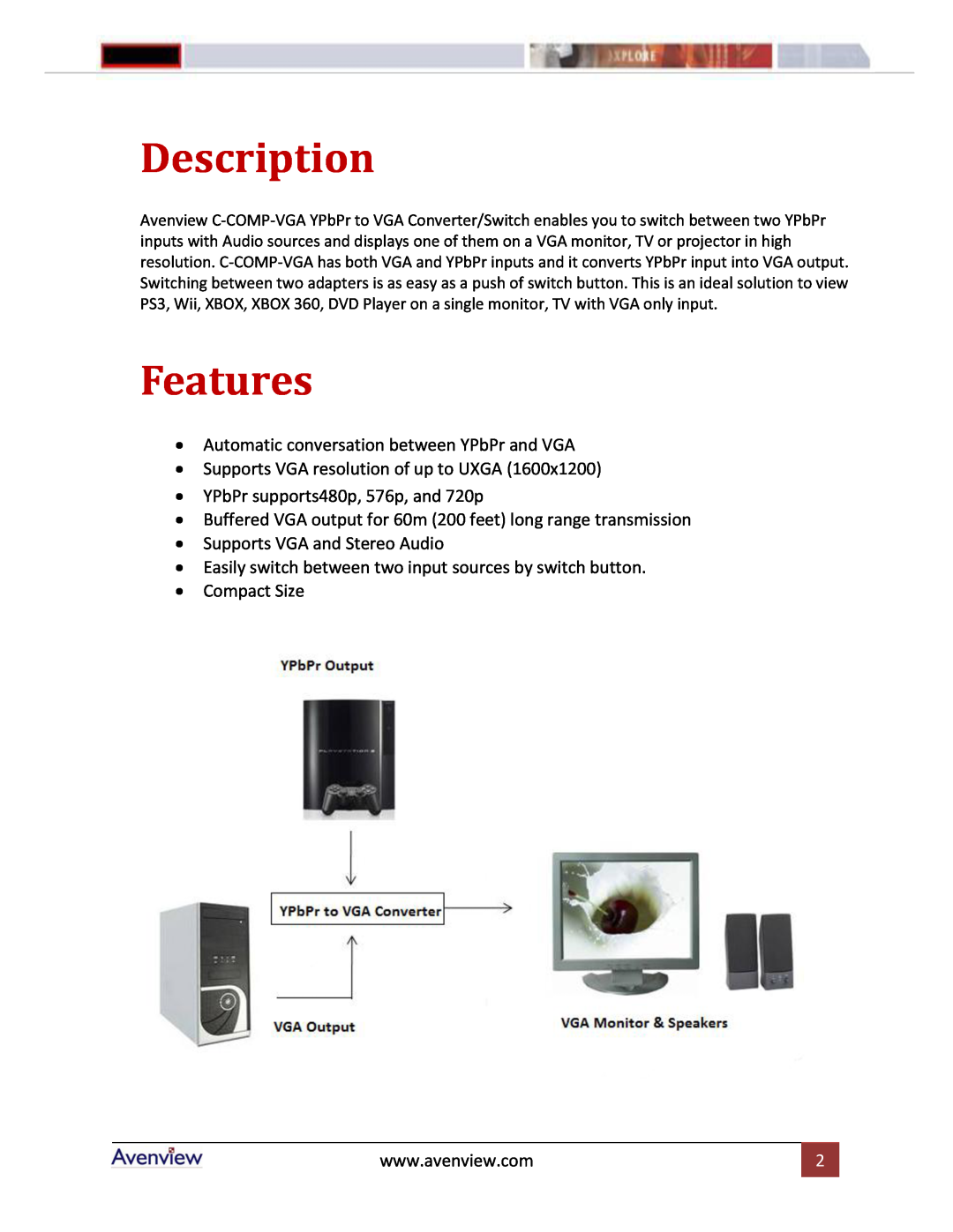 Avenview C-COMP-VGA manual Description, Features 