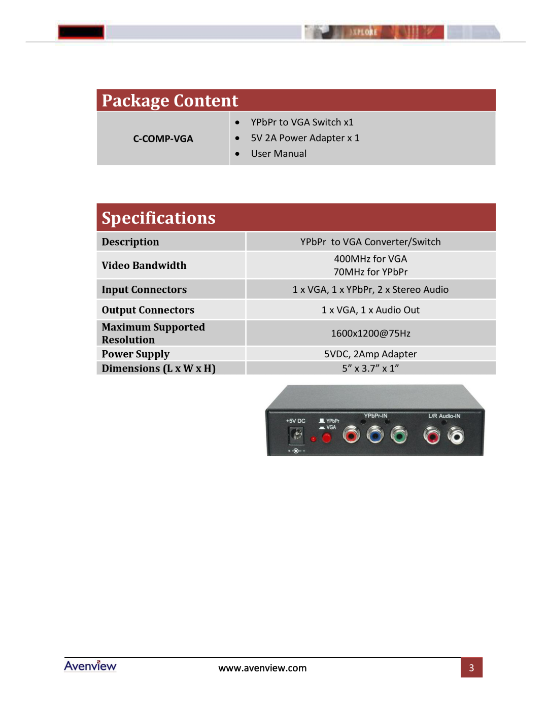 Avenview C-COMP-VGA manual Package Content, Specifications, C-Comp-Vga, Description Video Bandwidth Input Connectors 