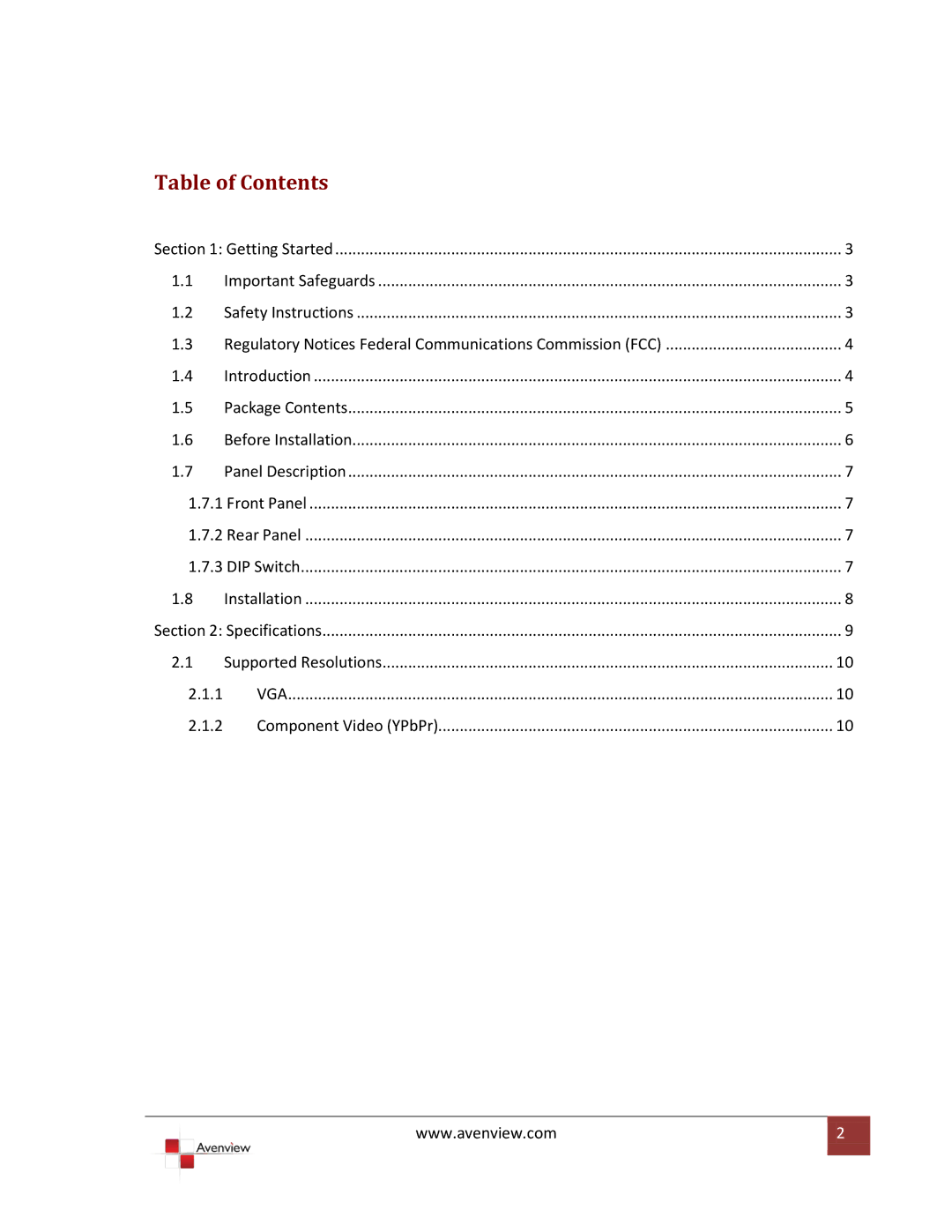 Avenview C-COMPVGA-HDM specifications Table of Contents 