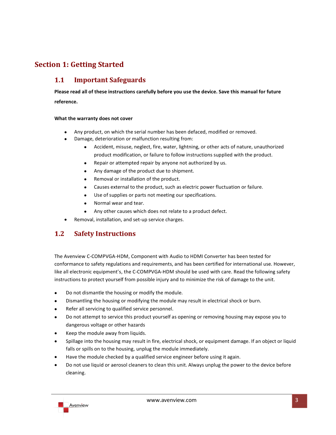 Avenview C-COMPVGA-HDM specifications Important Safeguards, Safety Instructions 