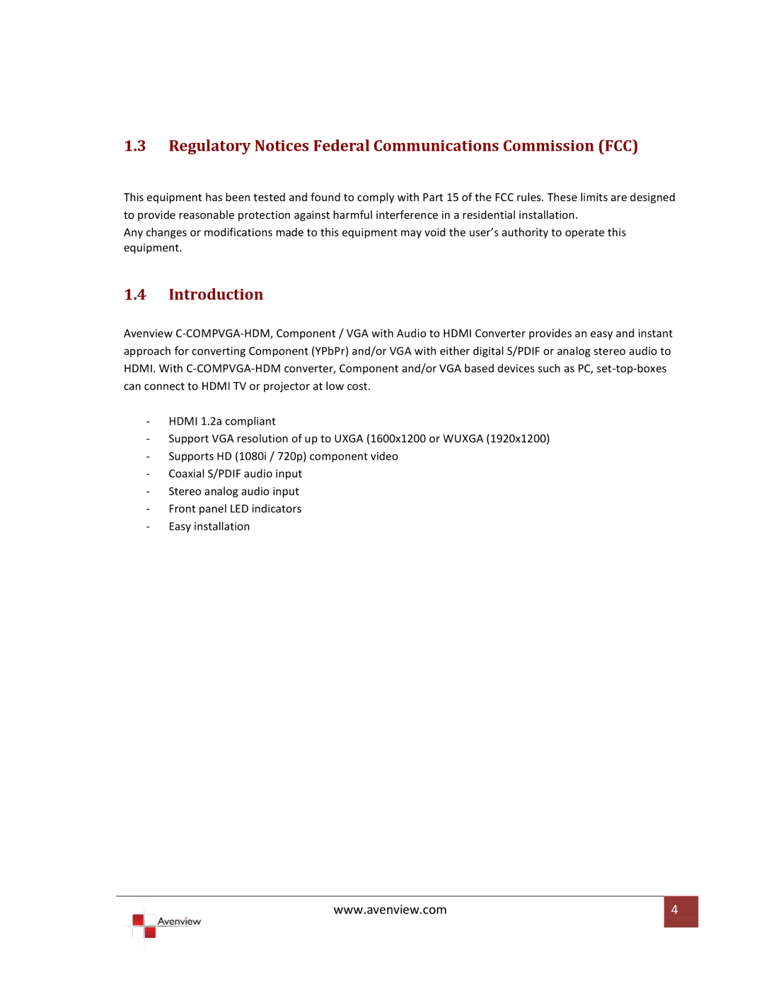 Avenview C-COMPVGA-HDM specifications Regulatory Notices Federal Communications Commission FCC, Introduction 