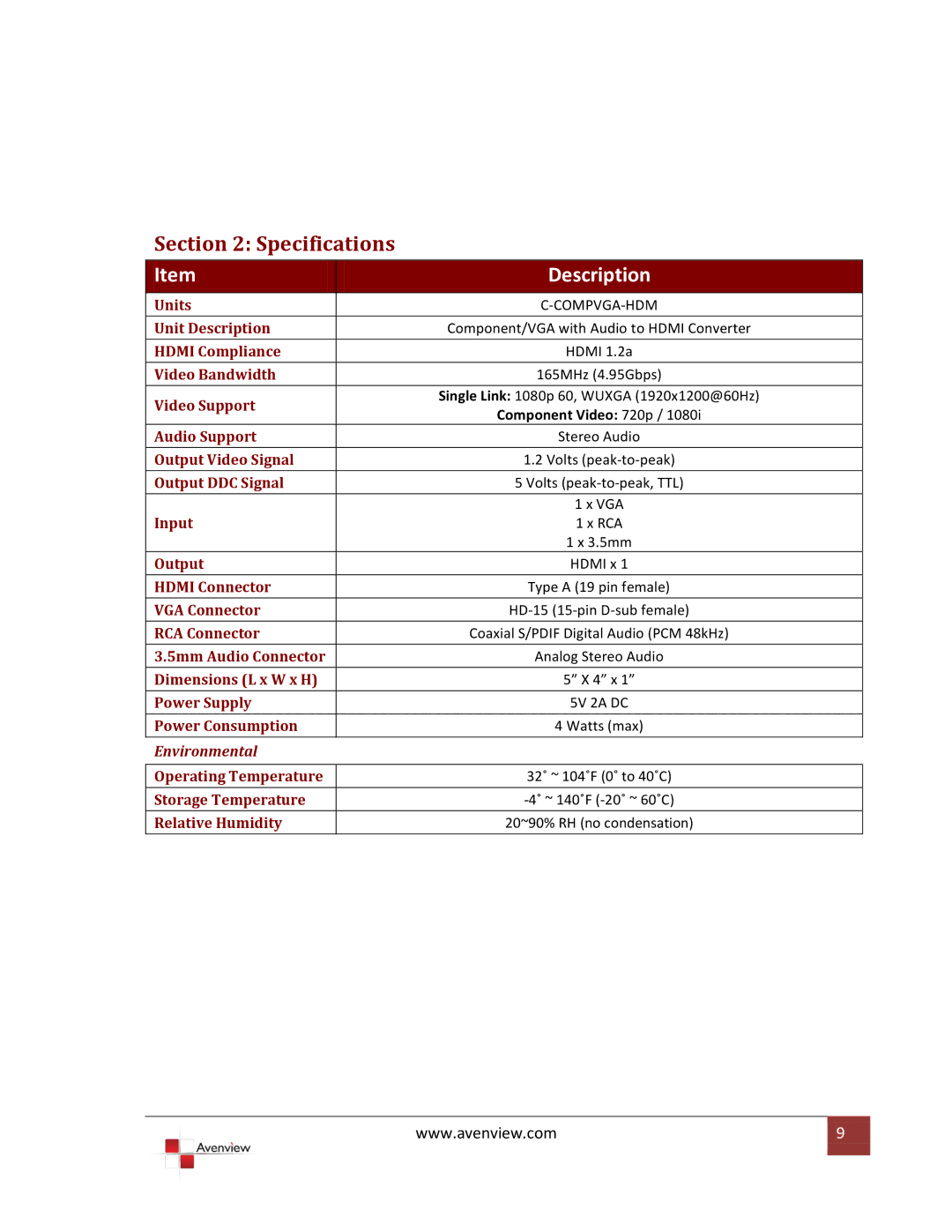 Avenview C-COMPVGA-HDM specifications Specifications 