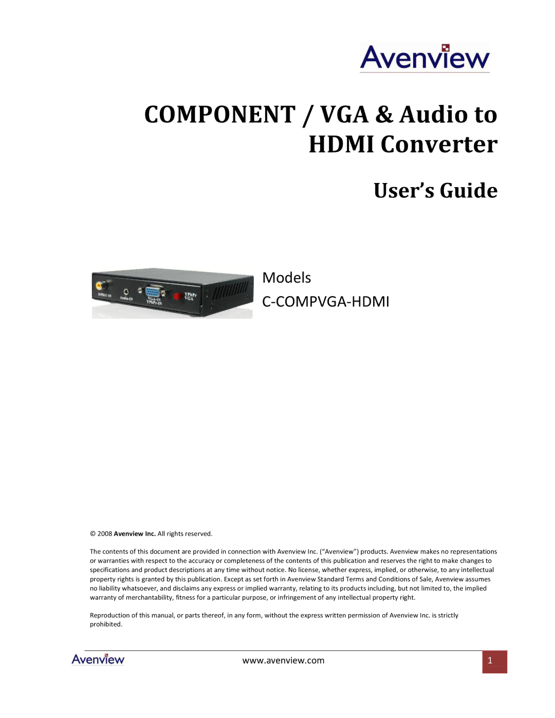 Avenview C-COMPVGA-HDMI specifications Component / VGA & Audio to Hdmi Converter 