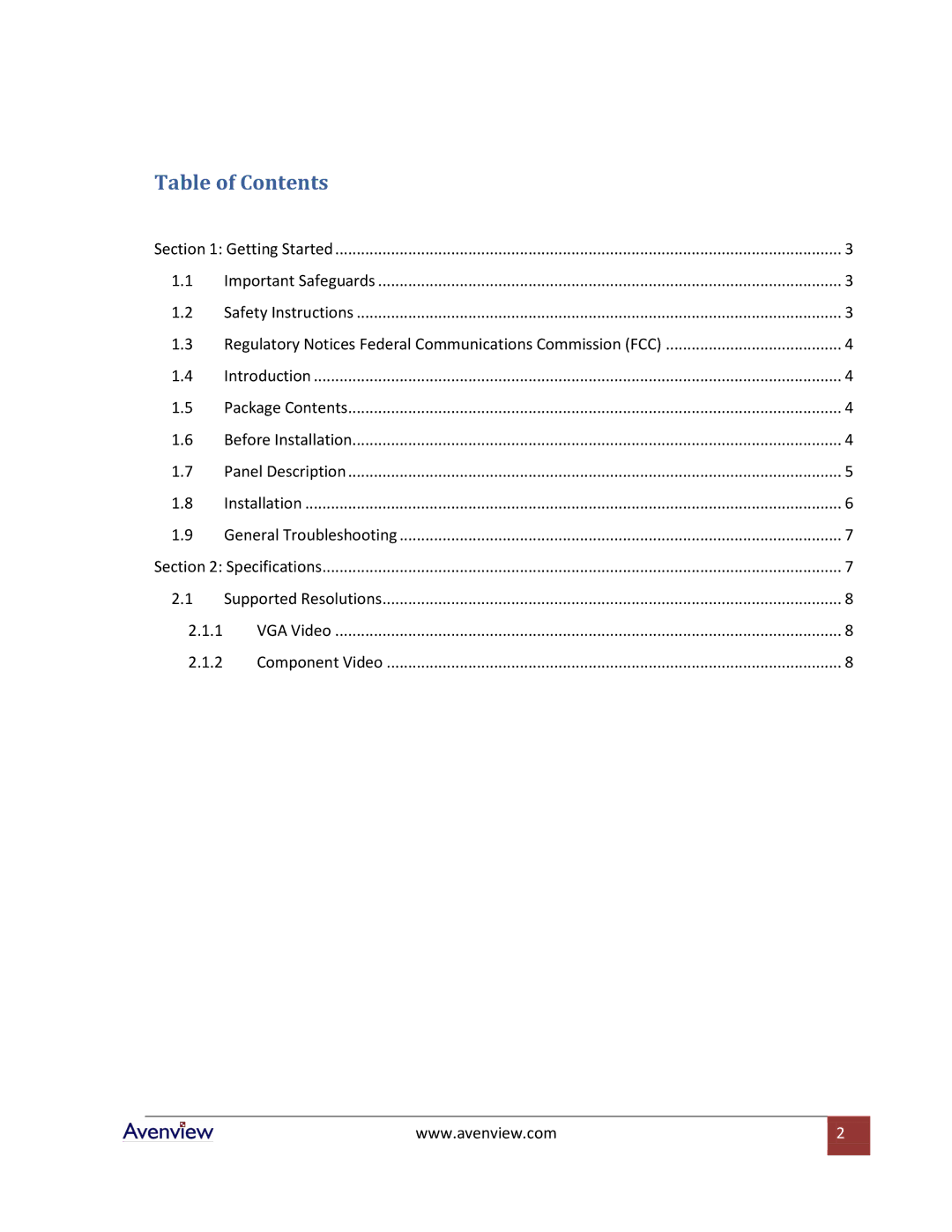 Avenview C-COMPVGA-HDMI specifications Table of Contents 