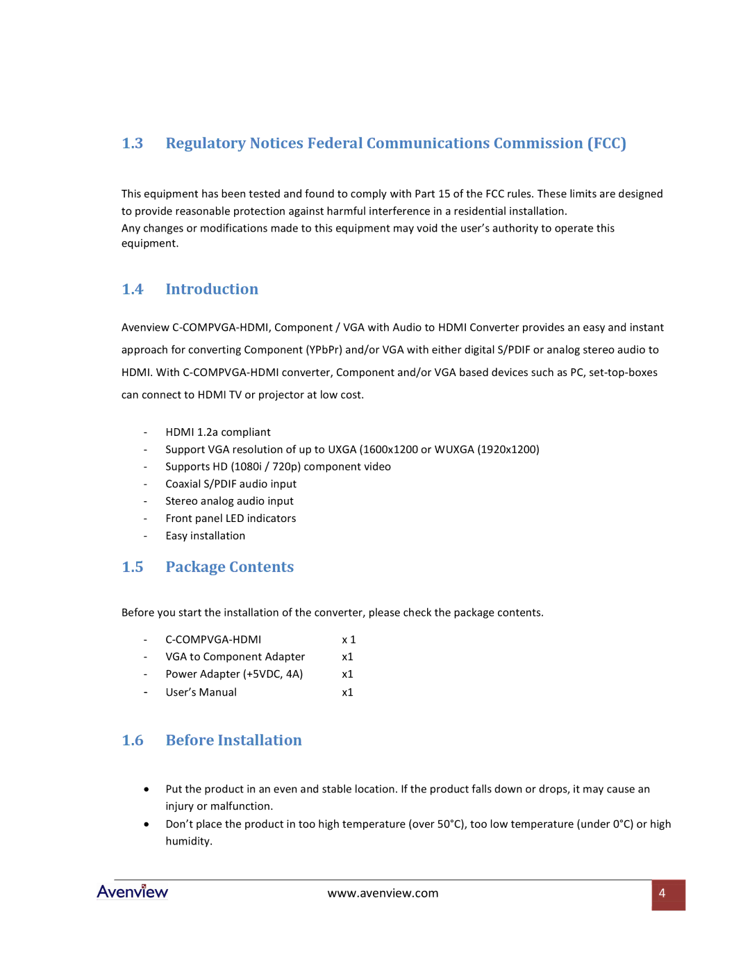 Avenview C-COMPVGA-HDMI Regulatory Notices Federal Communications Commission FCC, Introduction, Package Contents 