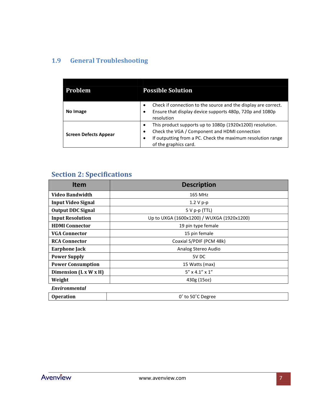 Avenview C-COMPVGA-HDMI specifications General Troubleshooting, Problem Possible Solution 