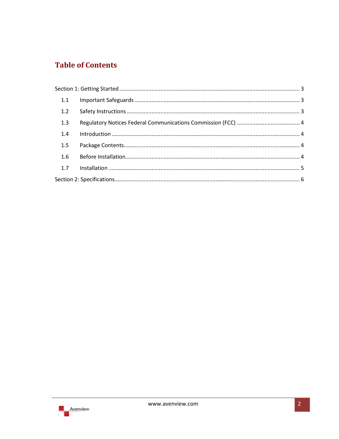 Avenview C-DP-DVI specifications Table of Contents 