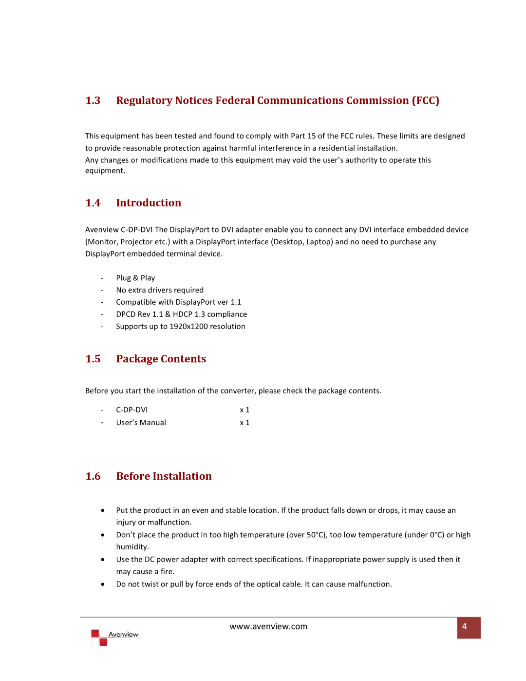 Avenview C-DP-DVI specifications Regulatory Notices Federal Communications Commission FCC, Introduction, Package Contents 