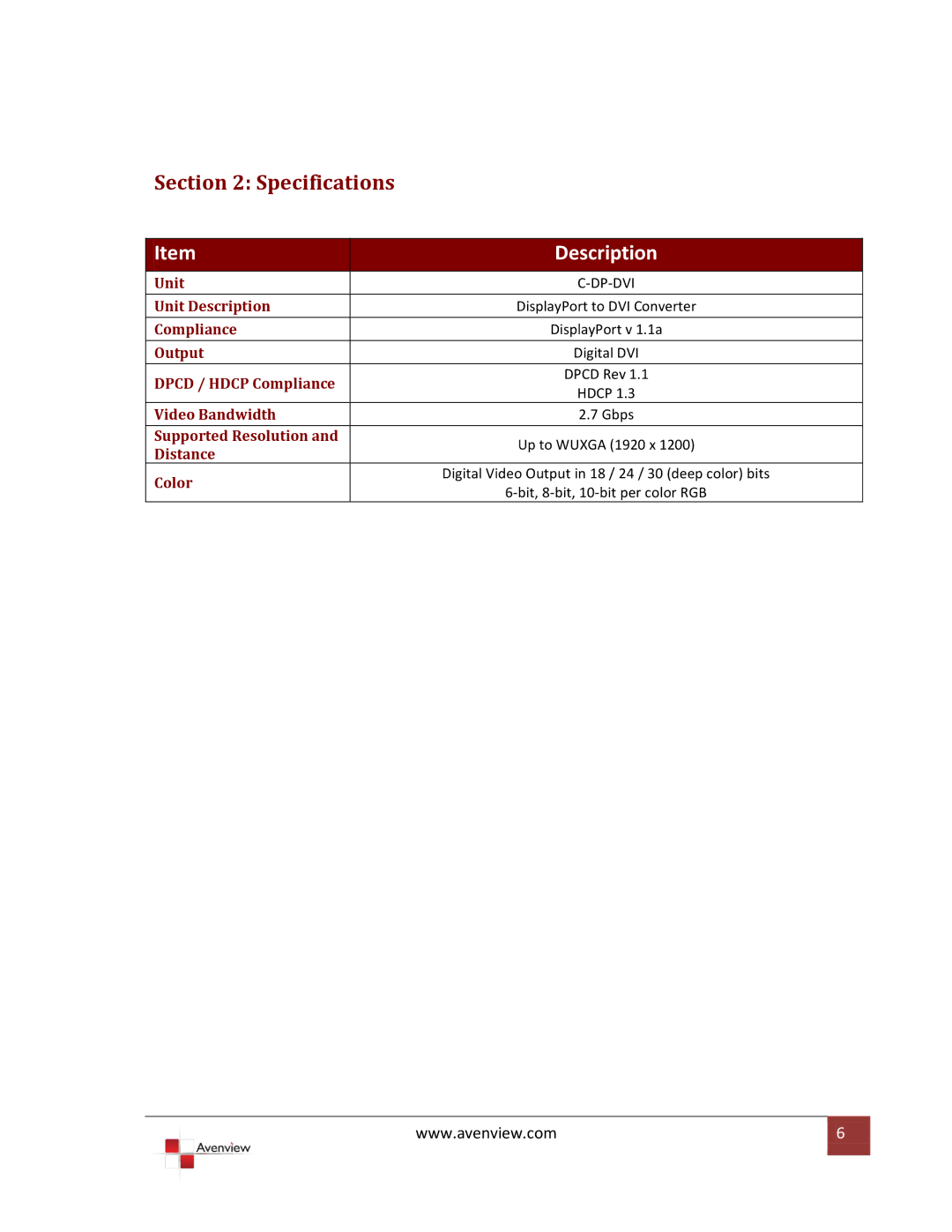 Avenview C-DP-DVI specifications Specifications, Description 