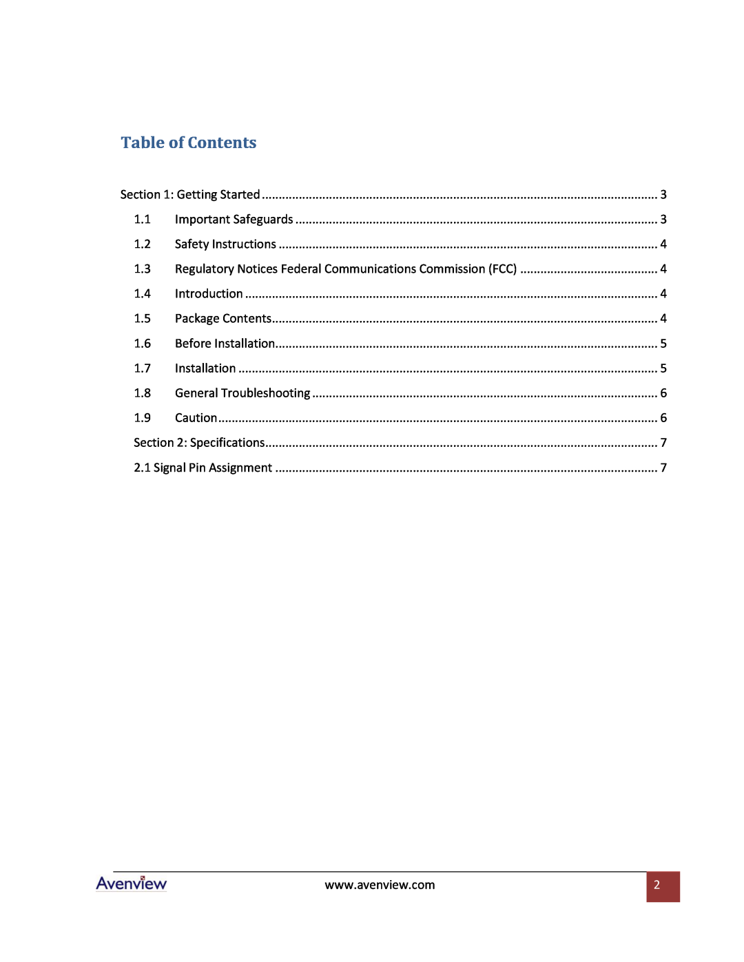 Avenview C-DVI-VGA specifications Table of Contents, Regulatory Notices Federal Communications Commission FCC 
