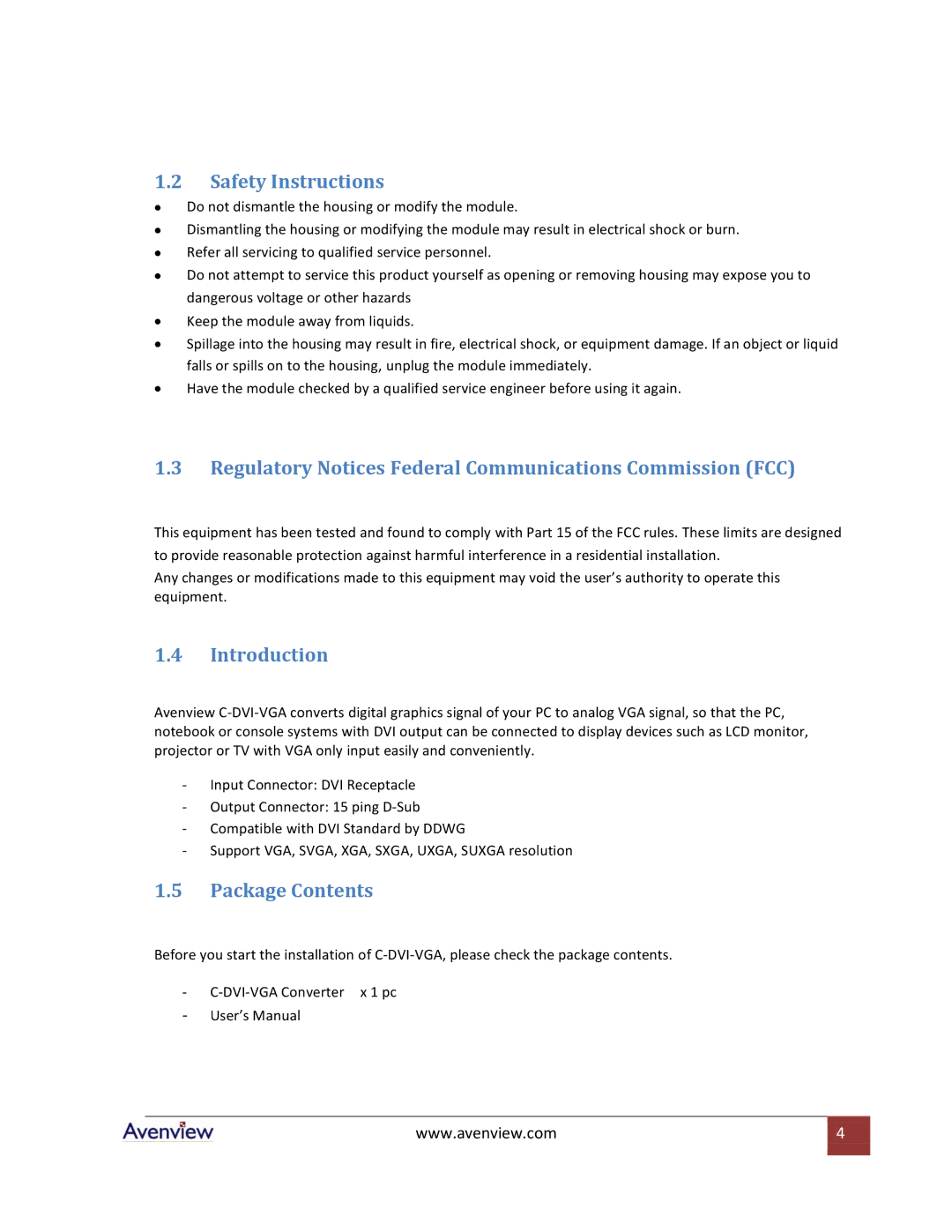 Avenview C-DVI-VGA Safety Instructions, Regulatory Notices Federal Communications Commission FCC, Introduction 