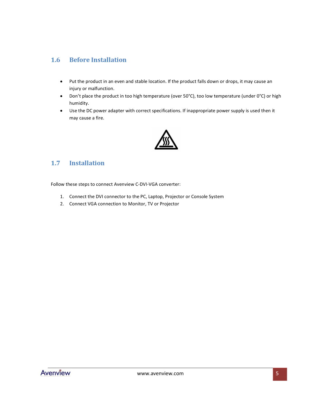 Avenview C-DVI-VGA specifications Before Installation 