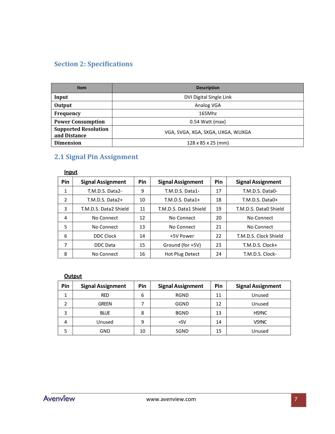 Avenview C-DVI-VGA specifications Specifications, Signal Pin Assignment 