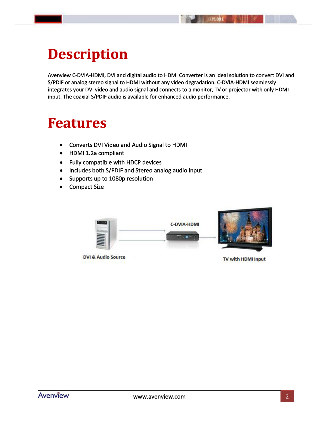 Avenview C-DVIA-HDMI manual Description, Features 