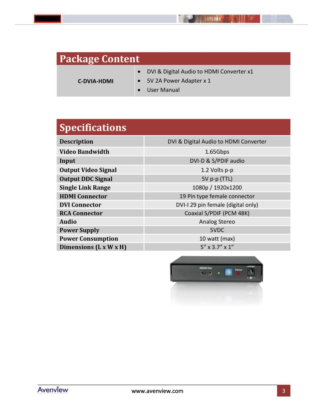 Avenview C-DVIA-HDMI manual Package Content, Specifications, C-Dvia-Hdmi, Description Video Bandwidth Input 
