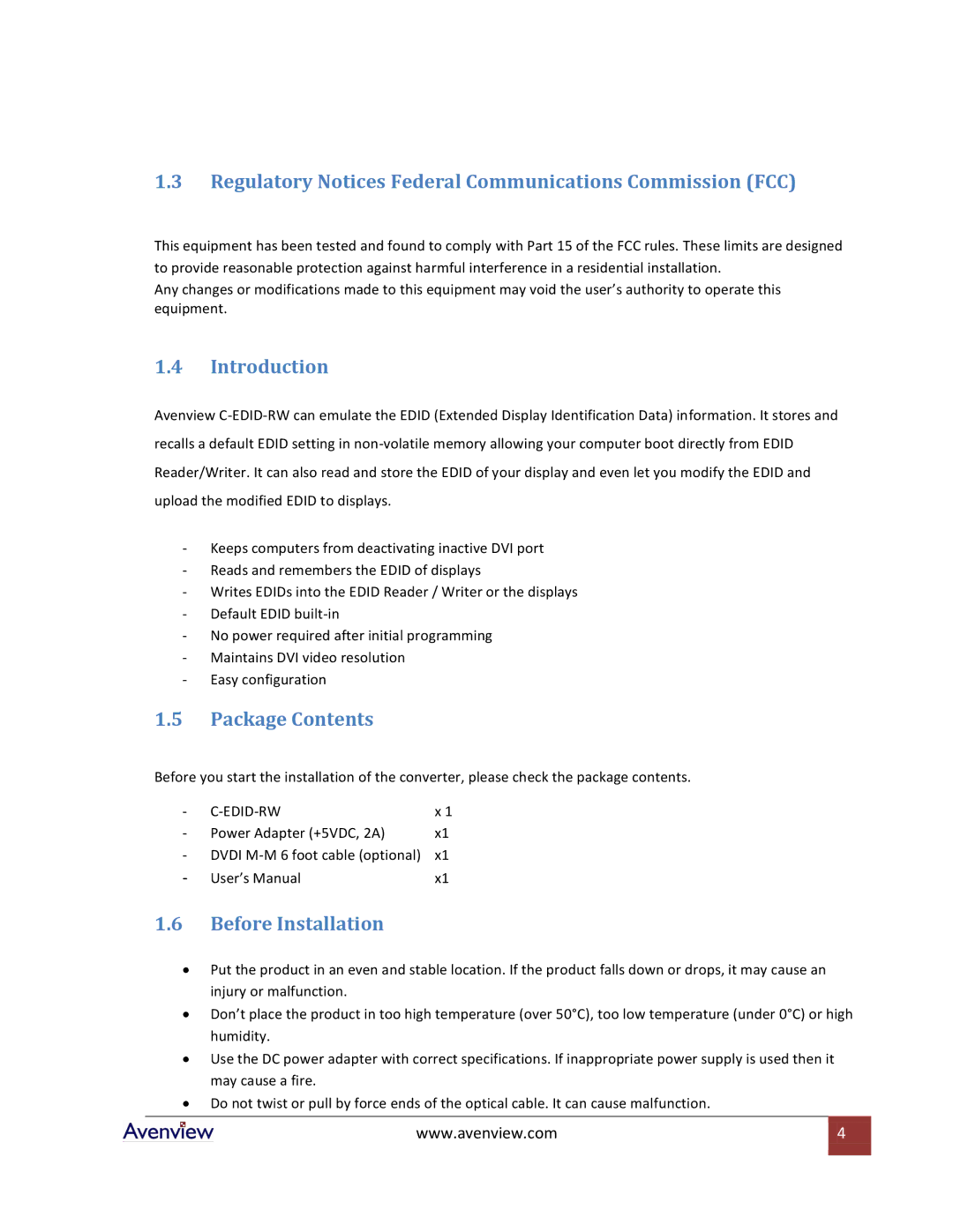 Avenview C-EDID-RW specifications Regulatory Notices Federal Communications Commission FCC, Introduction, Package Contents 