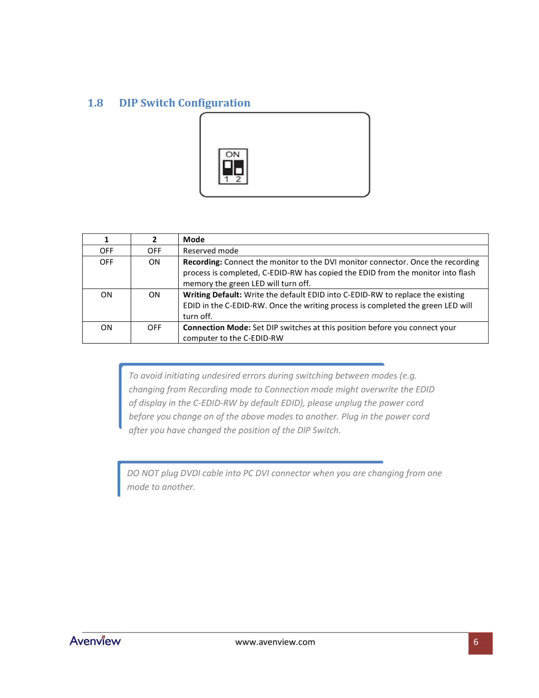 Avenview C-EDID-RW specifications DIP Switch Configuration, Mode 