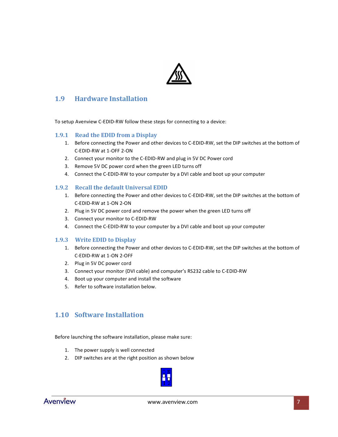 Avenview C-EDID-RW Hardware Installation, Software Installation, Read the Edid from a Display, Write Edid to Display 