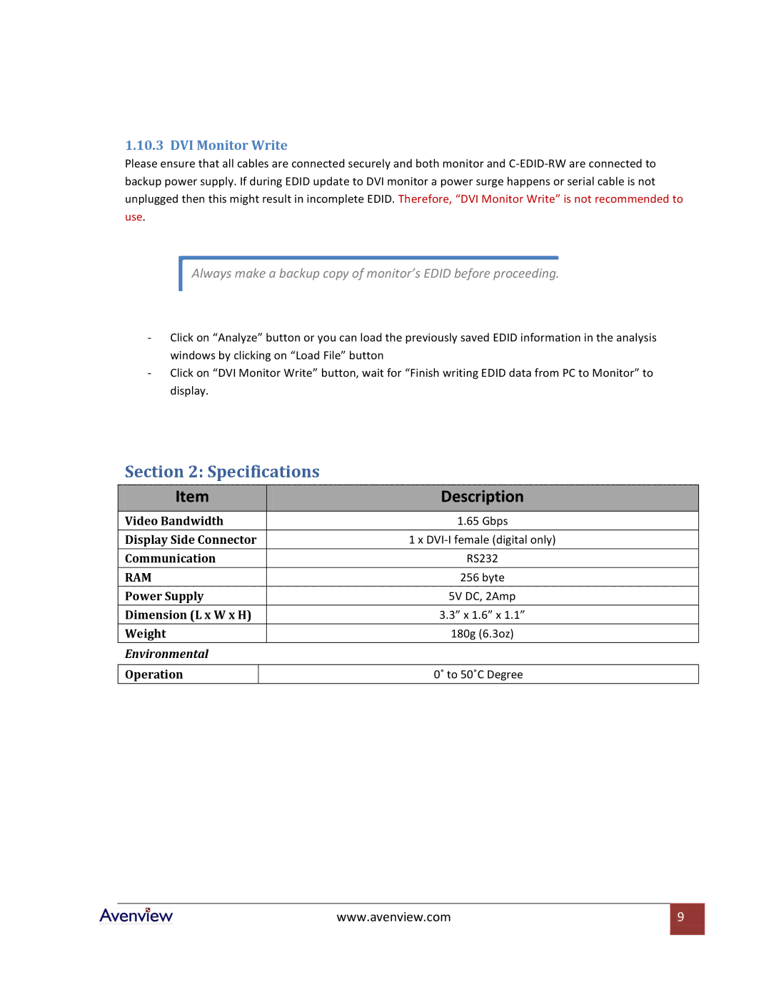 Avenview C-EDID-RW specifications Specifications, DVI Monitor Write 