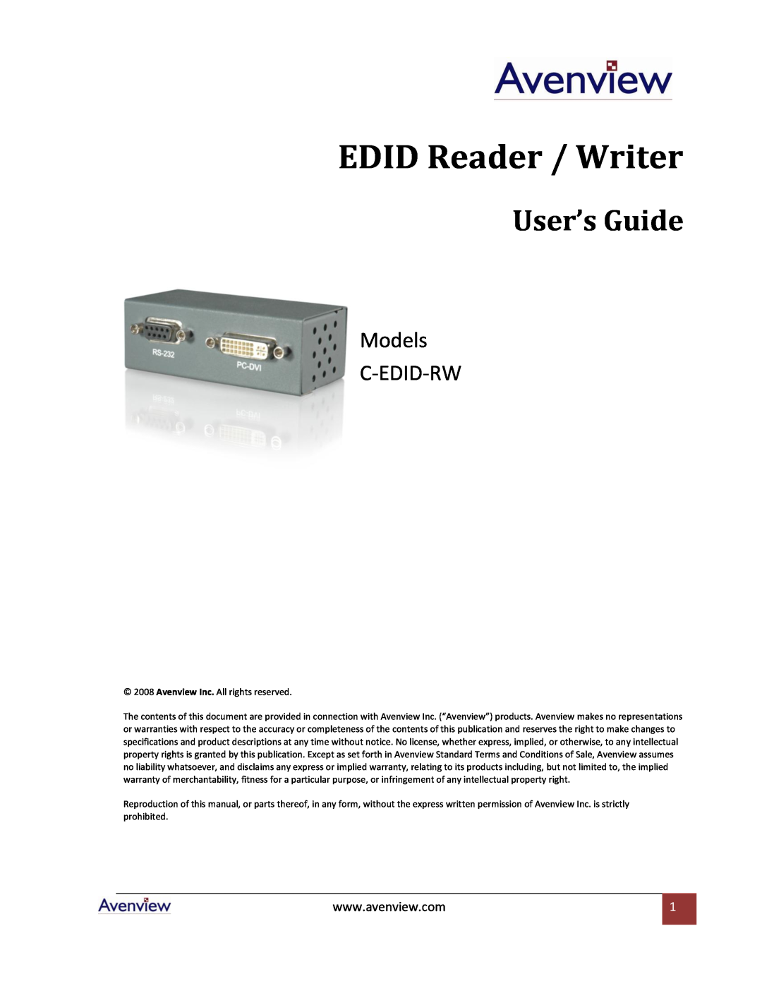 Avenview specifications EDID Reader / Writer, User’s Guide, Models C-EDID-RW 