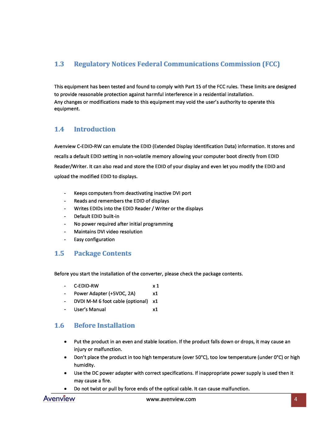 Avenview C-EDID-RW specifications Regulatory Notices Federal Communications Commission FCC, Introduction, Package Contents 