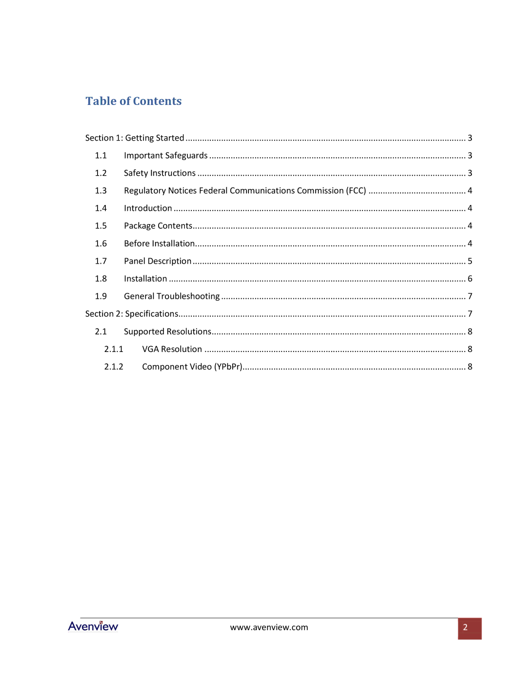 Avenview C-HDMI-COMPVGA specifications Table of Contents 