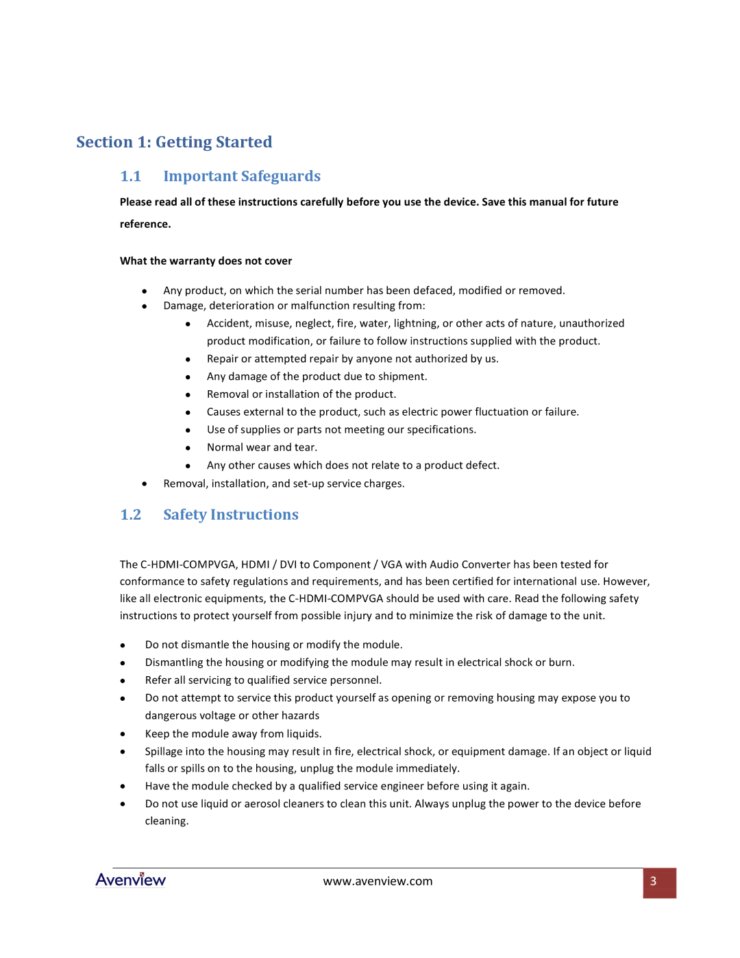 Avenview C-HDMI-COMPVGA specifications Important Safeguards, Safety Instructions 