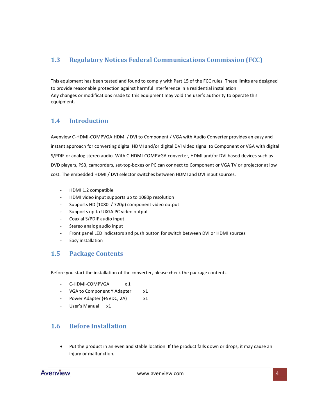 Avenview C-HDMI-COMPVGA Regulatory Notices Federal Communications Commission FCC, Introduction, Package Contents 